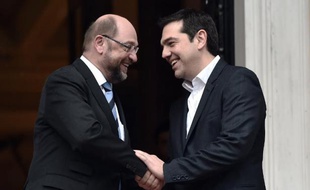 Le président du Parlement européen Martin Schulz reçu par le Premier ministre grec Alexis Tsipras le 29 janvier 205 à Athènes