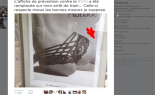 A l'arrêt de tram de l'internaute Angle Droit, cette affiche Aubade aurait remplacé celle de la campagne de prévention contre les MST, lancée par le gouvernement