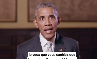 Capture d'écran de la vidéo où Barack Obama apporte son soutien à la candidature d'Emmanuel Macron à la présidentielle de 2017 en France, le 4 mai de la même année.