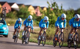L'équipe Astana lors de l'épreuve de contre-la-montre par équipe des championnats du monde 2014, le 21 septembre 2014 à Ponferrada.