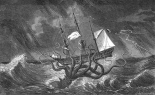 Dessin du XVIIIe siècle d'un kraken attaquant un bateau.