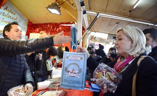 Marine Le Pen, présidente du Front national, au marché de Noël sur les Champs-Elysées, le 9 décembre 2013.
