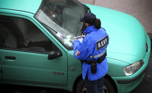 Toulouse, le 4 février 2013. Des agents ASVP verbalisent des automobilistes qui n'ont pas payé le parcmètre.