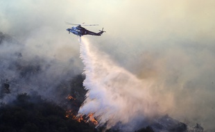 Un hélicoptère lutte contre le Getty Fire, un incendie qui menace l'ouest de Los Angeles depuis le 28 octobre 2019.