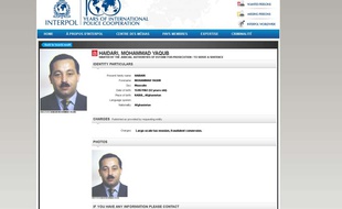 Capture d'écran de l'extrait de notice rouge d'Interpol, qui recherche l'Afghan Mohammad Yaqub Haidari, le 19 janvier 2015.
