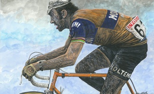 Un dessin d'Eddy Merckx, lorsqu'il a remporté Paris-Roubaix en 1973.