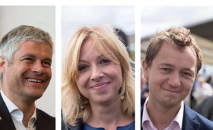 Collage 20 Minutes/Sipa de Laurent Wauquiez, Florence Portelli et Maël de Calan, candidats à la présidence du parti Les Républicains