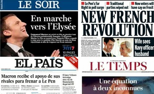 Unes des journaux de la presse étrangère au lendemain du premier tour de l'élection présidentielle, le 24 avril 2017.