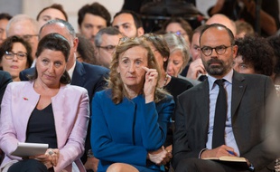 Agnès Buzyn, Nicole Belloubet et Edouard Philippe lors de la conférence de presse d'Emmanuel Macron à l'Elysée, jeudi.