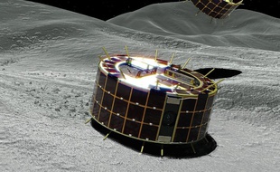 Image d'illustration de deux rovers Minerva sur la surface de l'astéroïde Ryugu.