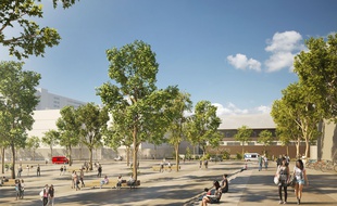 Vue du nouveau parvis qui donnera accès aux urgences, avec à gauche le futur pôle Femme-Mère-Enfant.