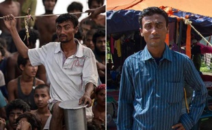 Combo de deux photos de Jamal, un rohingya de 39 ans: A GAUCHE: avec d'autres réfugiés birmans de cette communauté, le 14 mai 2015 au large de la Thaïlande - A DROITE: le 28 mai, dans le camp de réfugiés indonésien de Bayeun, dans la province d'Aceh