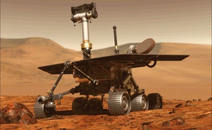 Image de synthèse du rover Opportunity sur Mars.