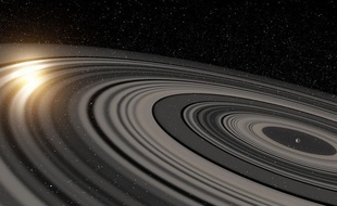 Vue d'artiste de la planète J1407b et de ses anneaux.