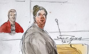 Croquis d'audience de la mère de Bastien, Charlène Cotte (d), et de son père Christophe Champenois (g) lors de leur procès devant les assises de Seine-et-Marne à Melun, le 8 septembre 2015