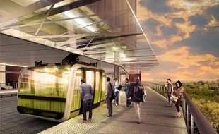 Vue d'une cabine de téléphérique de Toulouse à la future station Oncopole
