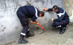 Des chats se sont retrouvés coincés derrière ce mur d'un garage à Nice.