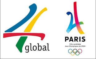 Le Logo de la société 4 Global, à gauche, et celui de Paris 2024 à droite.