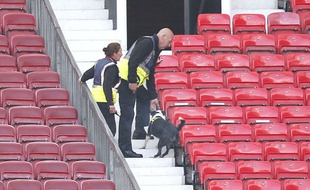 un chien renifleur dans les tribunes d'Old Trafford, le 15 mai 2016.