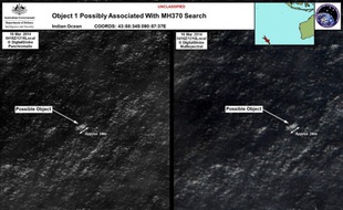 Combinaison d'images satellites montrant de possibles débris du vol MH370 de Malaysia Airlines dans l'Océan Indien, diffusées le 20 mars 2014 par le département de la Défense australien.