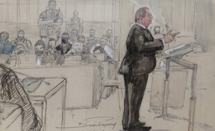 Un dessin de François Hollande, à la barre lors du procès des attentats du 13-Novembre