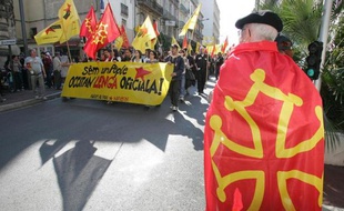 Drapeau frappé de la croix occitane lors d'une manifestation pour la défense de la langue d'Oc, à Béziers, le 17 mars 2007
