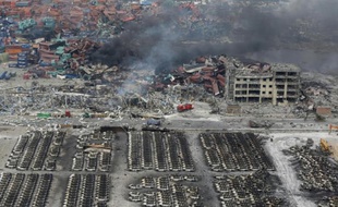 Site de l'explosion à Tianjin le 14 août 2015