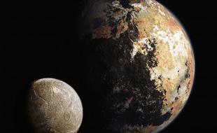 Vue d'artiste de Pluton et sa lune Charon.