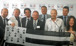 Alan Stivell ( en blanc à droite) le 26 juin 2014 à Paris pour défendre la réunification de la Bretagne