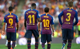 Luis Suarez, Ousmane Dembélé, Lionel Messi et Gérard Piqué, sous le maillot du FC Barcelone.