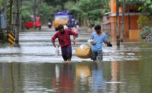 Des hommes transportent de la nourriture et de l'eau pour les distribuer aux personnes bloquées par les inondations à Pandanad, dans le district d'Alappuzha, dans l'État du Kerala, dans le sud de l'Inde, le 21 août 2018.