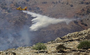 Un canadair largue des trombes d'eau pour éteindre les flammes lors d'un incendie de forêt près du site archéologique de Mycènes dans le nord-est du Péloponnèse, le 30 août 2020.