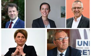 Loïg Chesnais-Girard, Claire Desmares-Poirrier, Thierry Burlot, Isabelle Le Callennec et Gilles Pennelle s'affronteront dimanche lors du second tour des élections régionales en Bretagne.