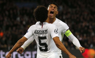 Thiago Silva et Marquinhos en transe après avoir contré Salah, lors de PSG-Liverpool, le 28 novembre 2018.