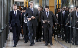 Les ministres Guillaume Garot (agroalimentaire), Stéphane Le Foll (Agriculture) et Benoît Hamon (Consommation), le 14 février 2013 à Bercy.