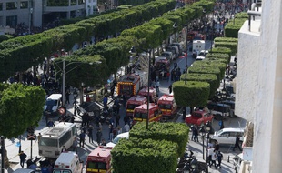 Des véhicules de secours interviennent sur l'avenue Bourguiba à Tunis, où une kamikaze s'est fait exploser lundi 29 octobre.