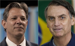 Les deux finalistes de la présidentielle brésilienne : le candidat du PT Fernando Haddad (gauche) et le candidat d'extrême droite Jair Bolsonaro (droite).