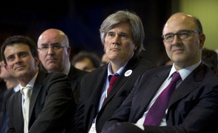 Manuel Valls, Stéphane Le Foll et Pierre Moscovici, lors du meeting du Bourget, le 22 janvier 2012 à Paris.
