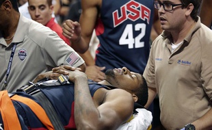 Paul George s'est blessé lors d'un match d'entraînement de l'équipe des Etats-Unis de basket le 1er août 2014.