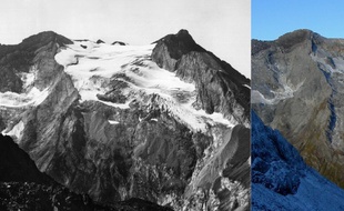 Le glacier d'Ossoue, au Vignemale, dans les Pyrénées françaises à 100 ans d'intervalle, en 1911 et 2011.