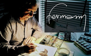 Hermann à sa table à dessin