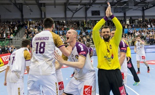 La joie des Nantais après le nul à Skjern en quart de finale.