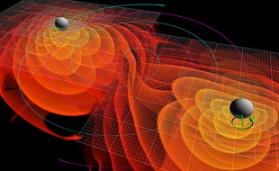 Représentation des ondes gravitationnelles émises par la fusion de deux trous noirs.