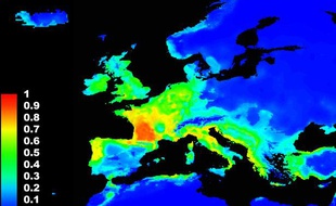 Carte des potentialités d'expansion du frelon asiatique en Europe