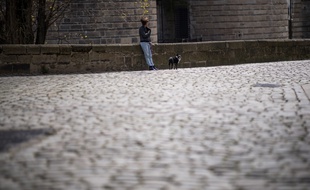 Une femme promenant son chien en période de confinement.