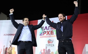 Alexis Tsipras, leader de Syriza, et Pablo Iglesias, du parti espagnol Podemos, le 22 janvier 2015 à Athènes.