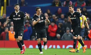 Wissam Ben Yedder après avoir marqué avec le FC Séville face à Manchester United en 8e de finale retour de Ligue des champions, le 13 mars 2018.