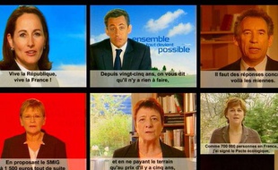 Capture d'écran de plusieurs clips électoraux pour l'élection présidentielle de 2007, réalisée par France 3 le 13 avril 2007 à Paris.