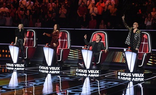 Lara Fabian, Amel Bent, Marc Lavoine et Pascal Obispo sur le tournage des auditions à l'aveugle de la neuvième saison de «The Voice», le 21 novembre 2019.