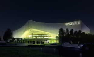 Image de synthèse du projet de stade du FC Nantes. Ici la façade animée les soirs de match.